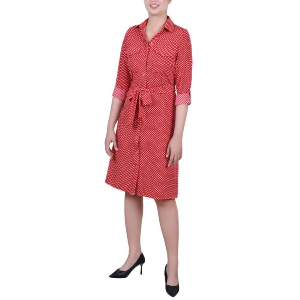 NY Collection Petite Printed Long Sleeve Roll Tab Shirtdress
